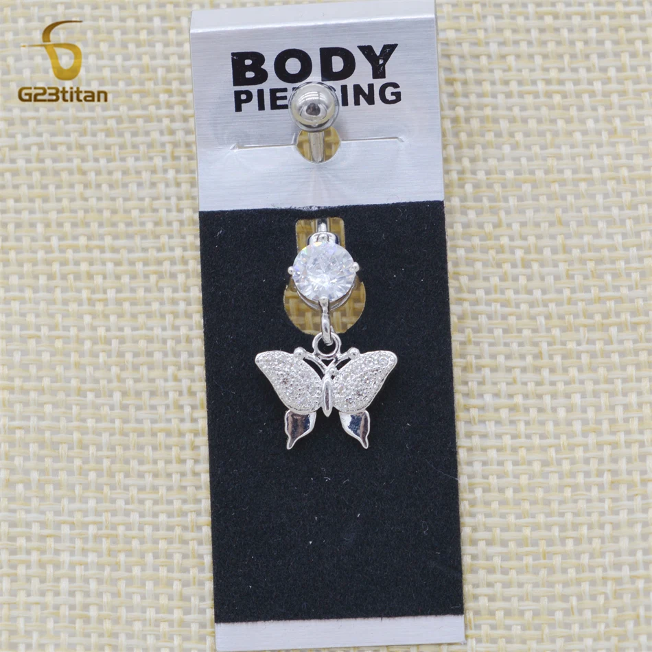 White Crystal Butterfly Dangle Navel Piercing Barbell Titanium Shiny Dance Belly Button Ring Silver Color Body Jewelry for Women