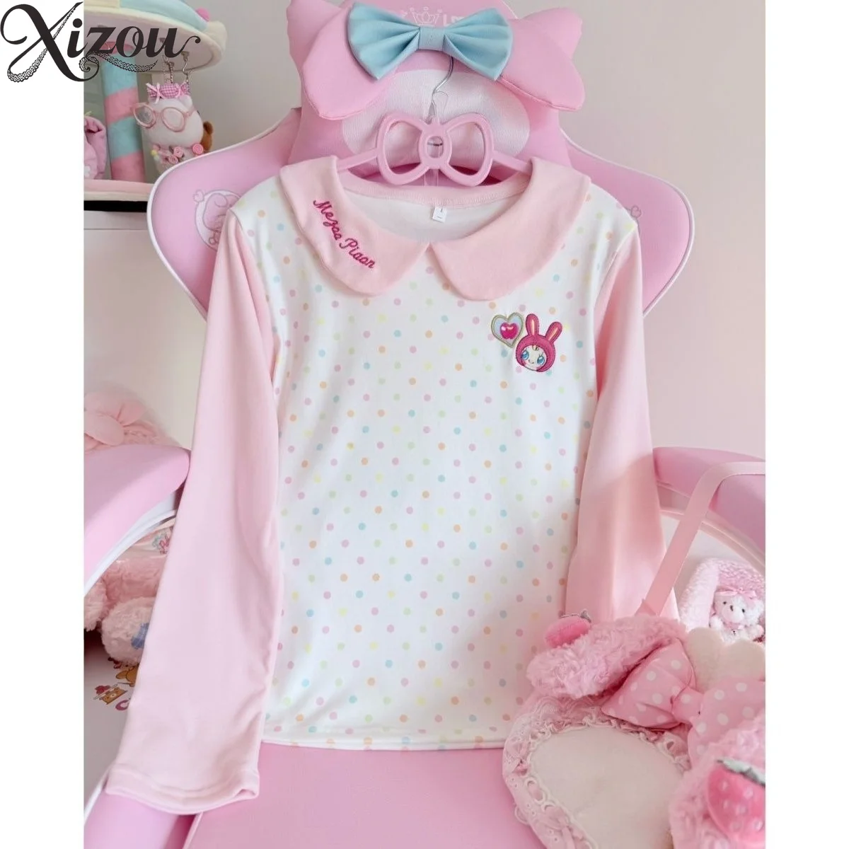 Rabbit Polka Dot Shirts Peter Pan Collar Long Sleeve Tee Japanese Y2K Kawaii Lolita Base Top Spring Summer 2026 Sweet Shirt