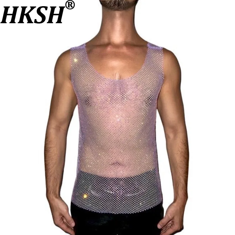 

HKSH Summer New Man Tide Punk Vest High Street Sparkling Long Mesh Bling Hollow Out Tops Thin Waistcoat Fashion Tank Tops HK7284