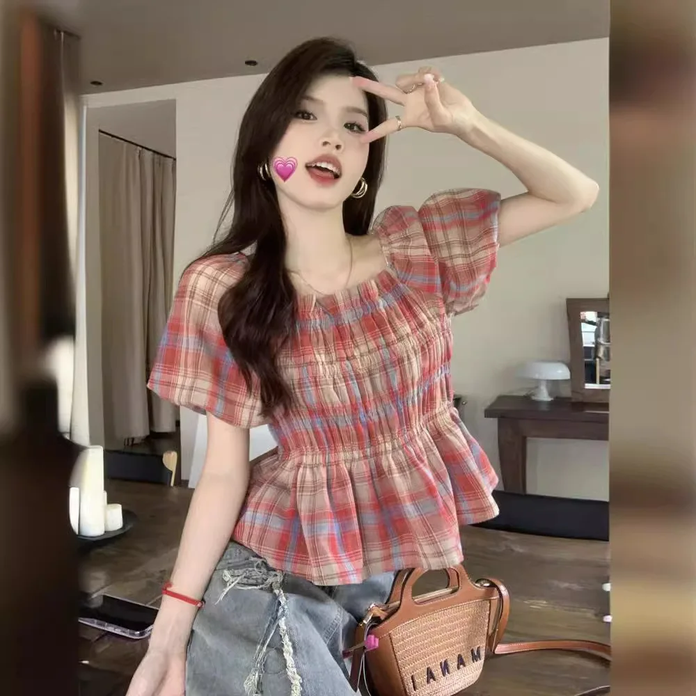 Summer Red Plaid Puff Sleeve Short Shirt Women's Square Neck Crop Top