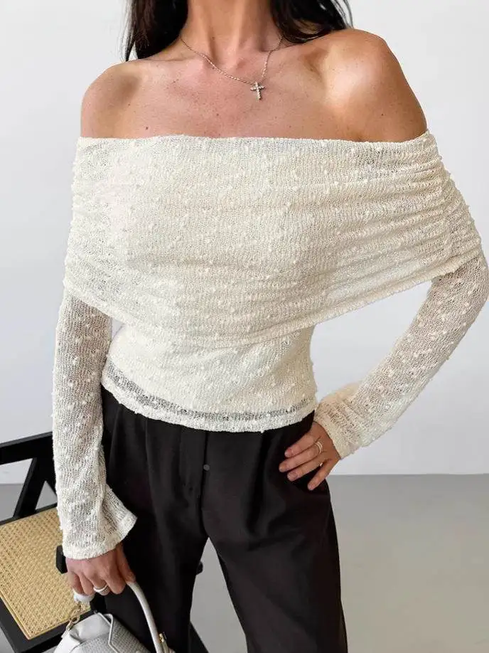 

French temperament apricot one neck lace top for women's interior 2025 spring/summer fashion Comfort knitted short base T-shirt