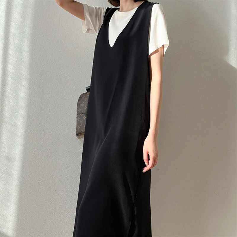 ผู้หญิงผ้าไหมชุดผ้าไหมหม่อน 100% 24 Momme Heavy Crepe Silk ลึก V คอ A-Line ยาวประเภท Midi ชุด M1348