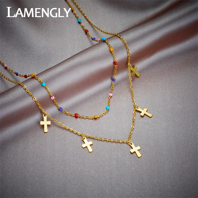 LAMENGLY 316L Stainless Steel Cross Pendant Necklace For Women Girl Fashion Multi-layer Neck Chain Non-fading Jewelry Gift Party