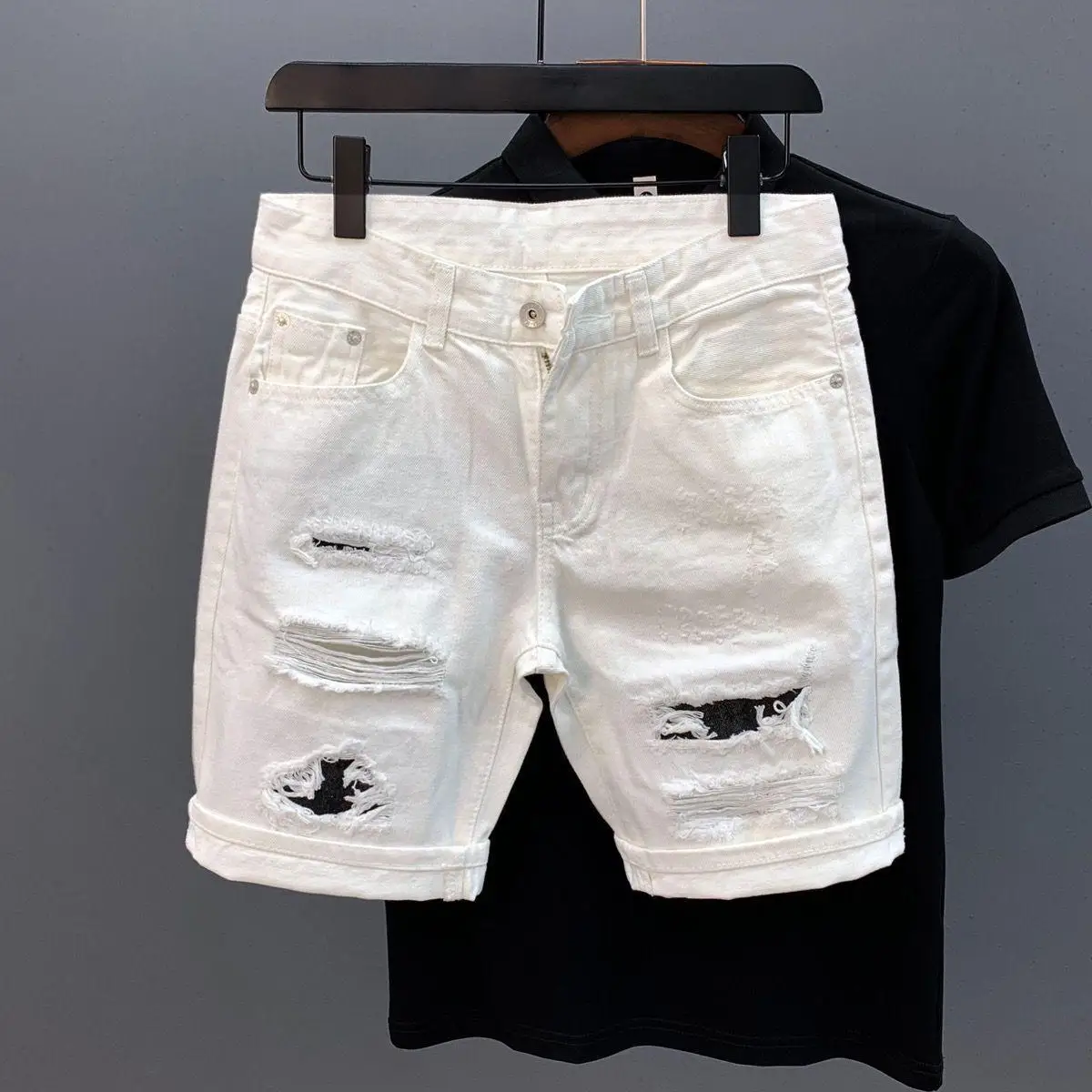 

Summer Men's White Solid Color Hole Patched Jeans Shorts New Fashion Casual Trendy American High Street Denim Shorts Male Jeans