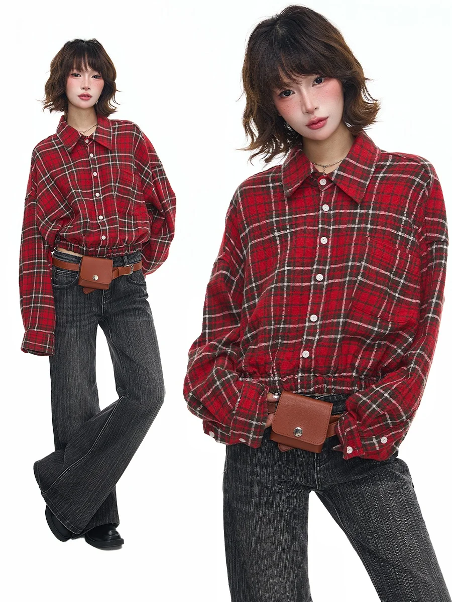 

Женская свободная рубашка Sanowers в американском ретро-стиле в клетку с эластичным подолом и длинными рукавами, весна-осень, повседневная, для похудения