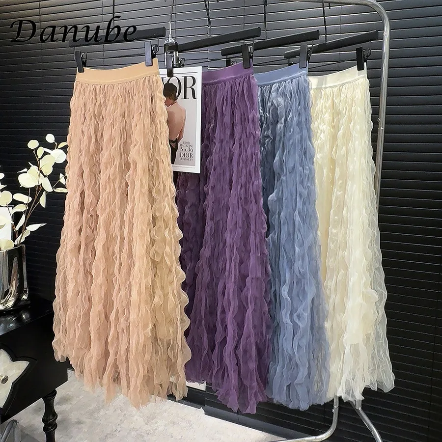 Vintage Irregular Wavy Pleated Tulle Long Skirts Women Summer Korean High Waist Tutu A-Line Skirt Female Lady Aesthetic Faldas