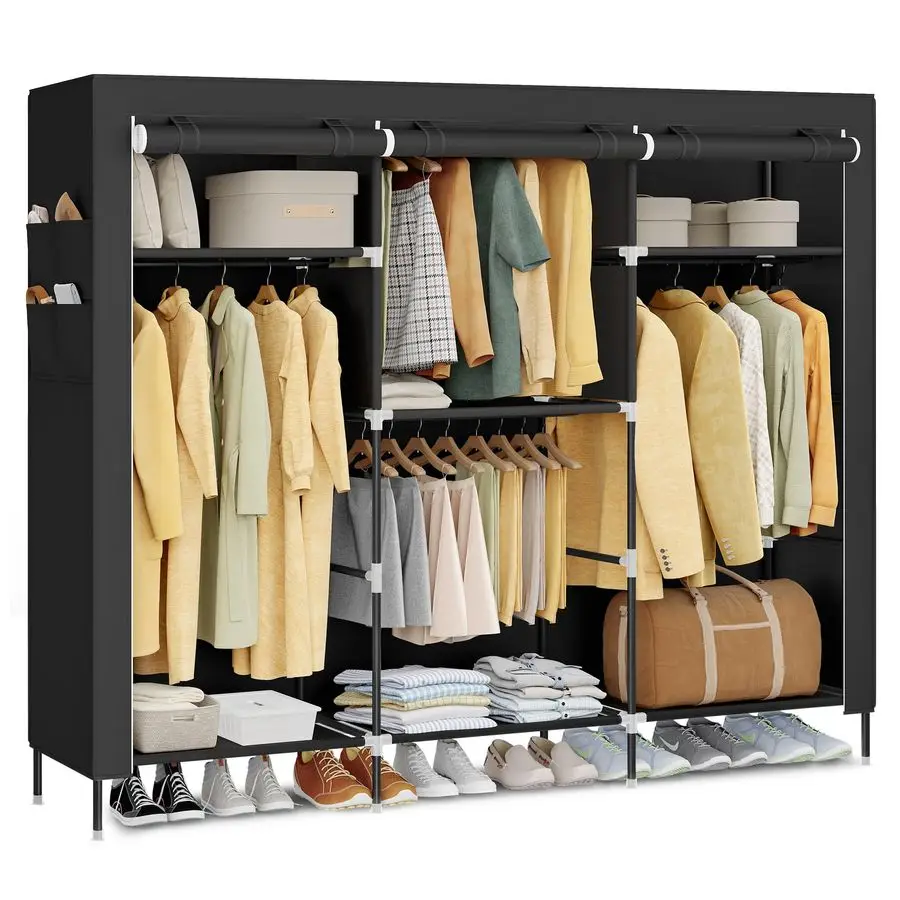 

Тканевый шкаф-гардероб 74.4x17.7x70.9 дюймов, портативный, большой вместимости, с 4 штангами для вешалок, полками и карманами