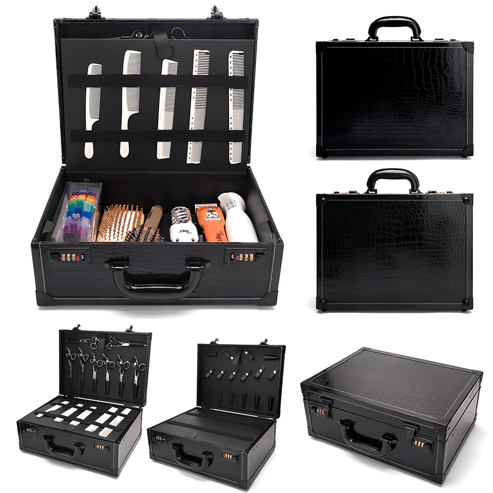 

Роскошный футляр для хранения инструментов для укладки волос с текстурой крокодила — термостойкий салонный органайзер с кодовым замком, готовый подарок для путешествий