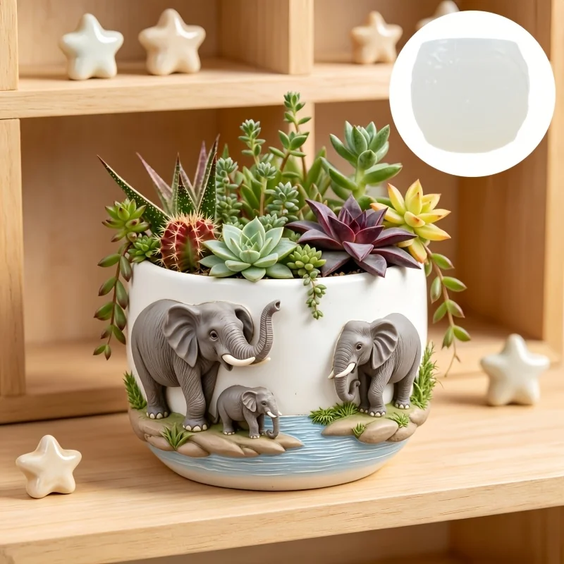 Elephant Family Relief Succulent Plant Flower Pot Resin Silicone Mold Elephant Mother Relief Storage Box Candle Cup Gypsum molds