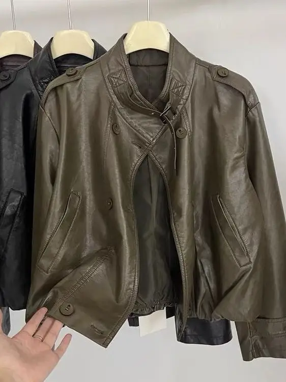 Faionable Stand Collar PU Leather Jaet Women's ort Sle 2025 Autumn New Loose Slimming Motorcycle Biker Coat