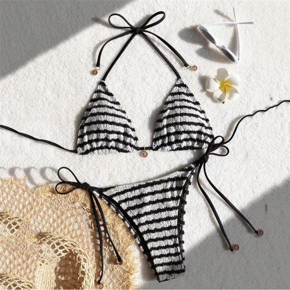 

Striped Print Swimwear String Halter Triangle Bikini Micro Thong Sexy Swimsuit Women 2025 Metal Chain Bathing Suit Bikinis Sets