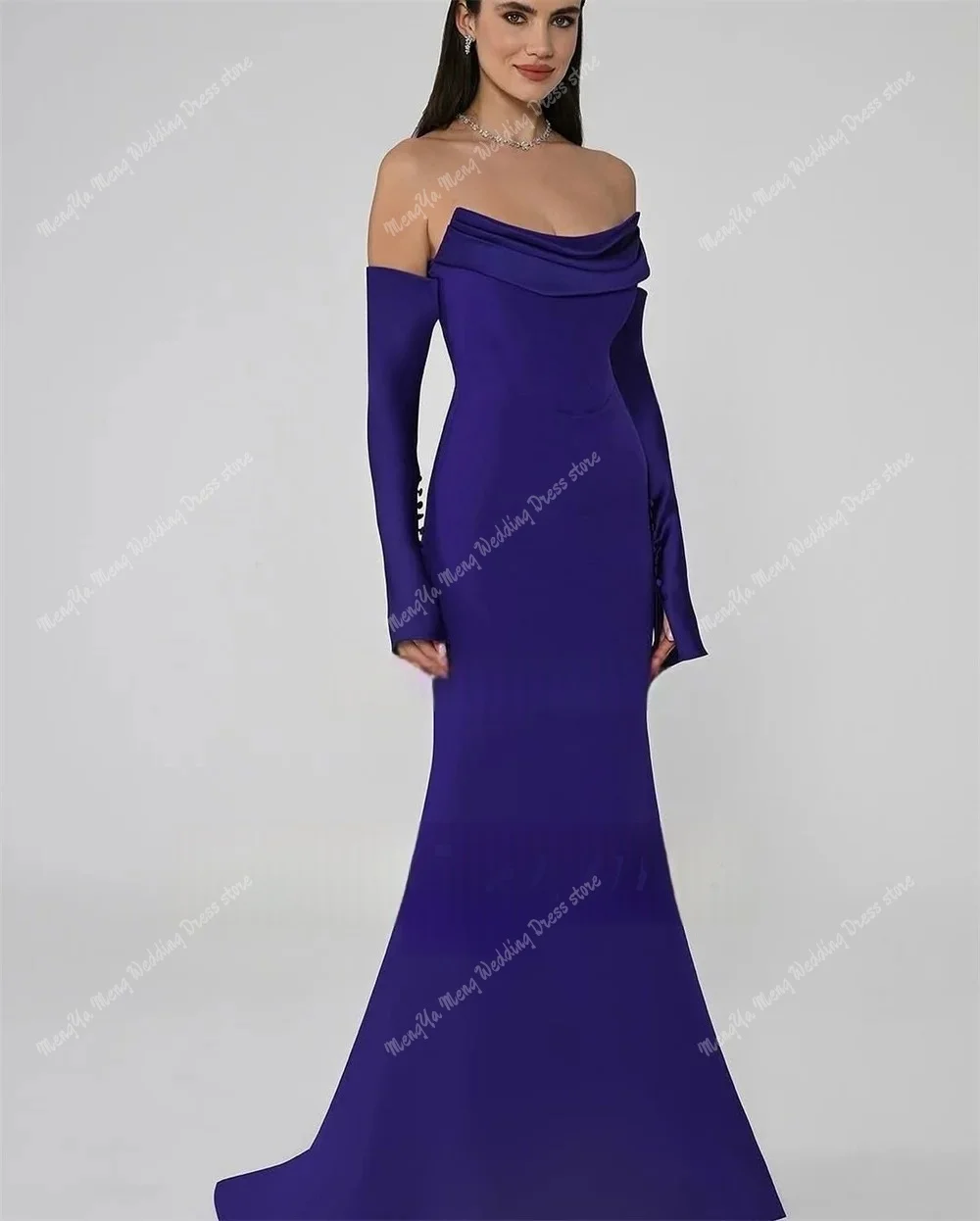 2025 Soft Satin Purple Prom Dresses Women Strapless Long Sleeve Saudi Mermaid Evening Party Gown vestidos de festa Customized