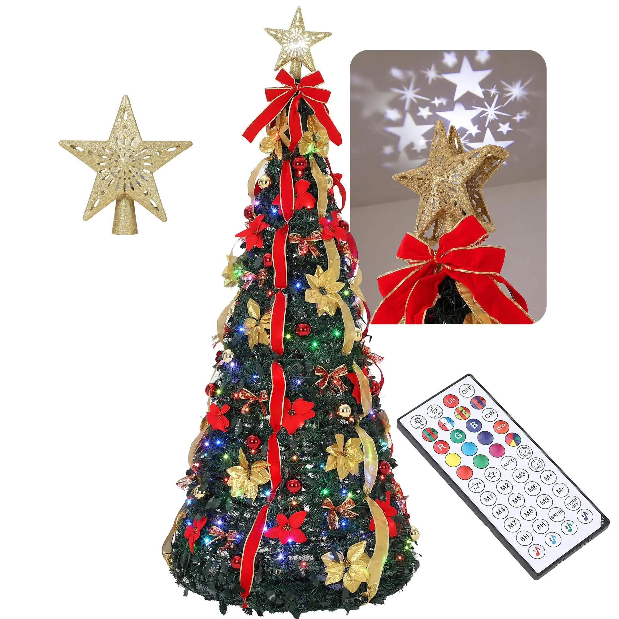 6/7 FT Pop Up Christmas Tree, Pre-Decorated Xmas Tree Lighted Top Star