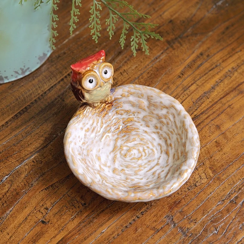 Round Bird's Nest With Owl Ceramic Tray Vintage Red For Home Tabletop Decoration Jewelry Keys Storage Plate Holder Soap Dish view 2