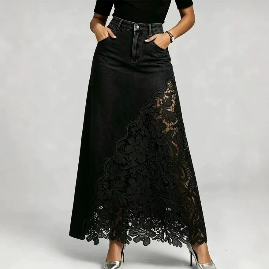 Women Denim Skirt Floral Lace Hollow Out Asymmetric Panel Skirt With Pockets Vintage Casual Irregular Hem Slim Jean Bottoms
