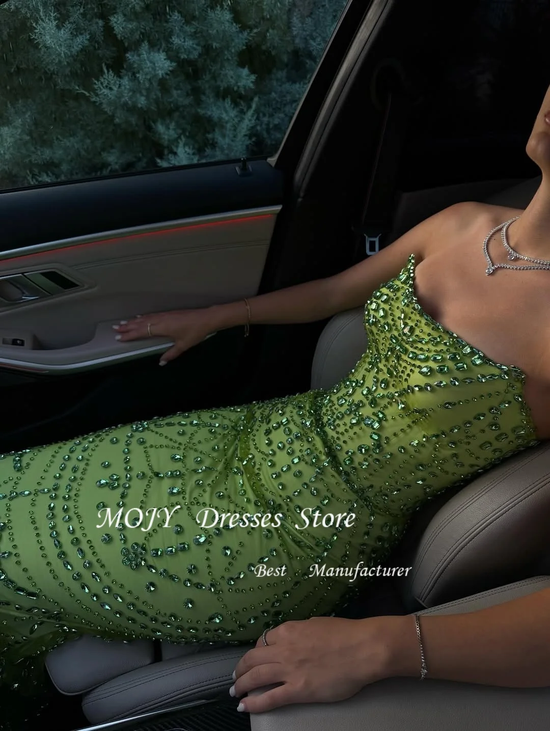 Mojy Green Mermaid Evening Dresses Long Sleeves Pearls Wedding Party Gowns Women Prom Dress Vestidos De Cóctel Customized