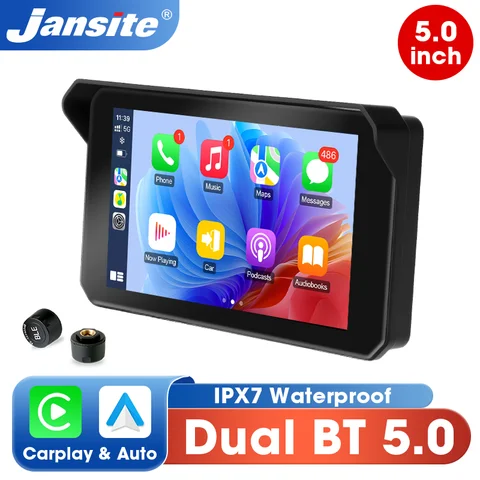 Jansite dupla bluetooth motocicleta carplay tela de navegação gps display ip67 à prova dip67 água suporte capacete intercom moto acessórios