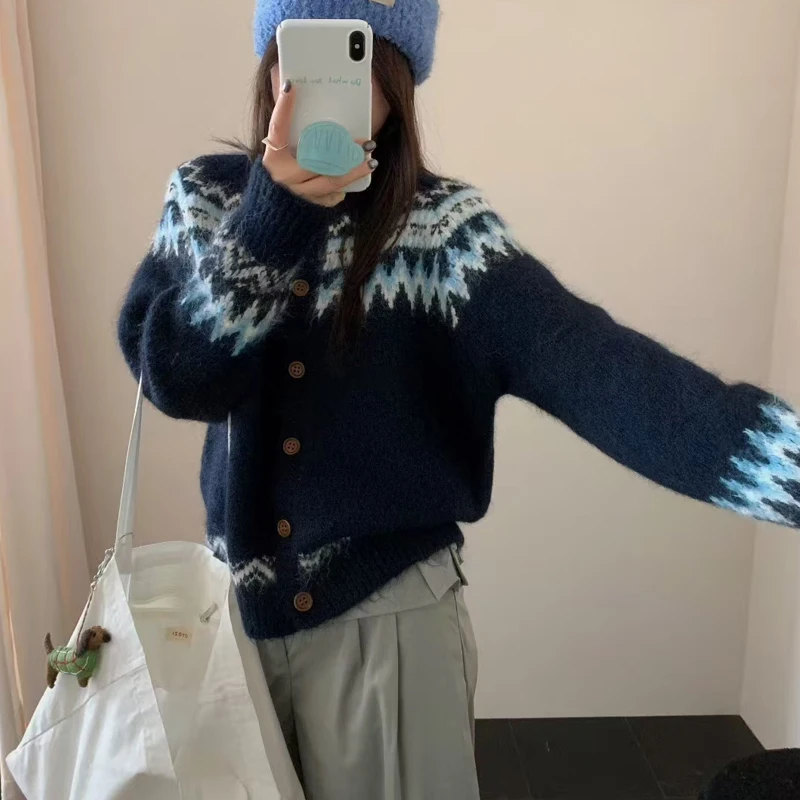 Cardigan Chic à manches longues et col ras du cou pour femme, vêtement d'extérieur Vintage décontracté de Style coréen, nouvelle collection automne hiver