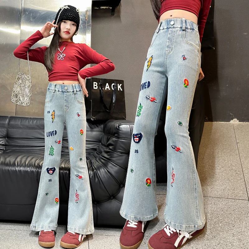 

Women's Slim Fit Flared Jeans with Cute Cartoon Embroidery 2025 Fall New Arrival