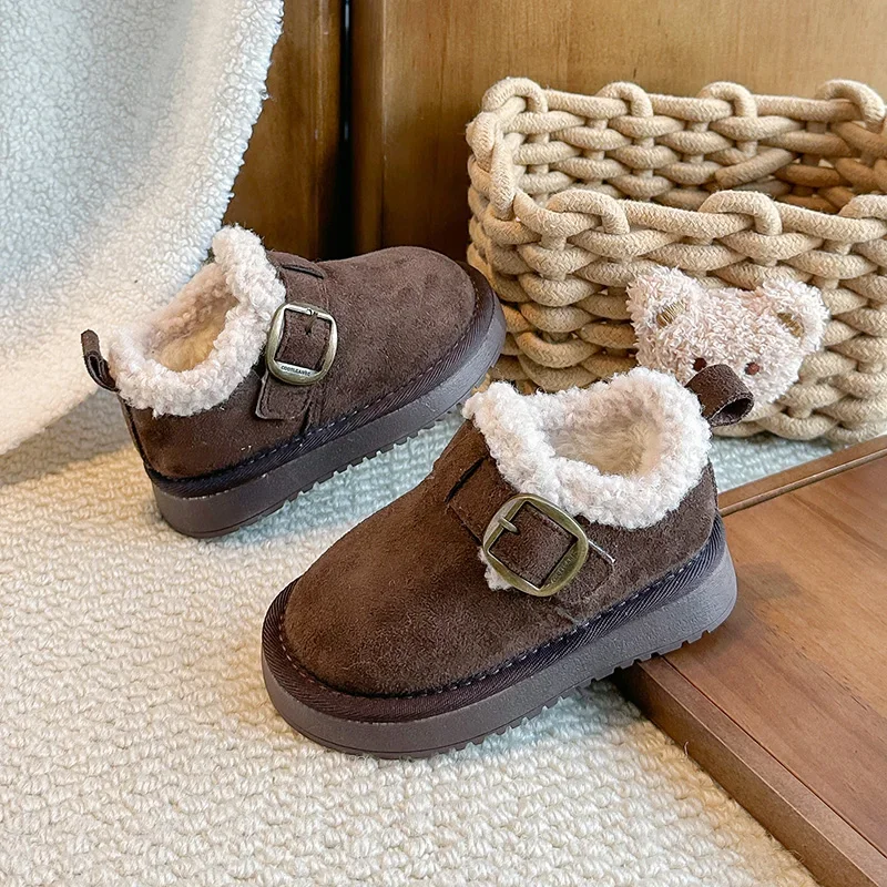 Toddler Adjustable Buckle Winter Warm Cotton Shoes, Kids Furry Shearling Trim Anti‑Slip Thick‑Sole Casual Boots