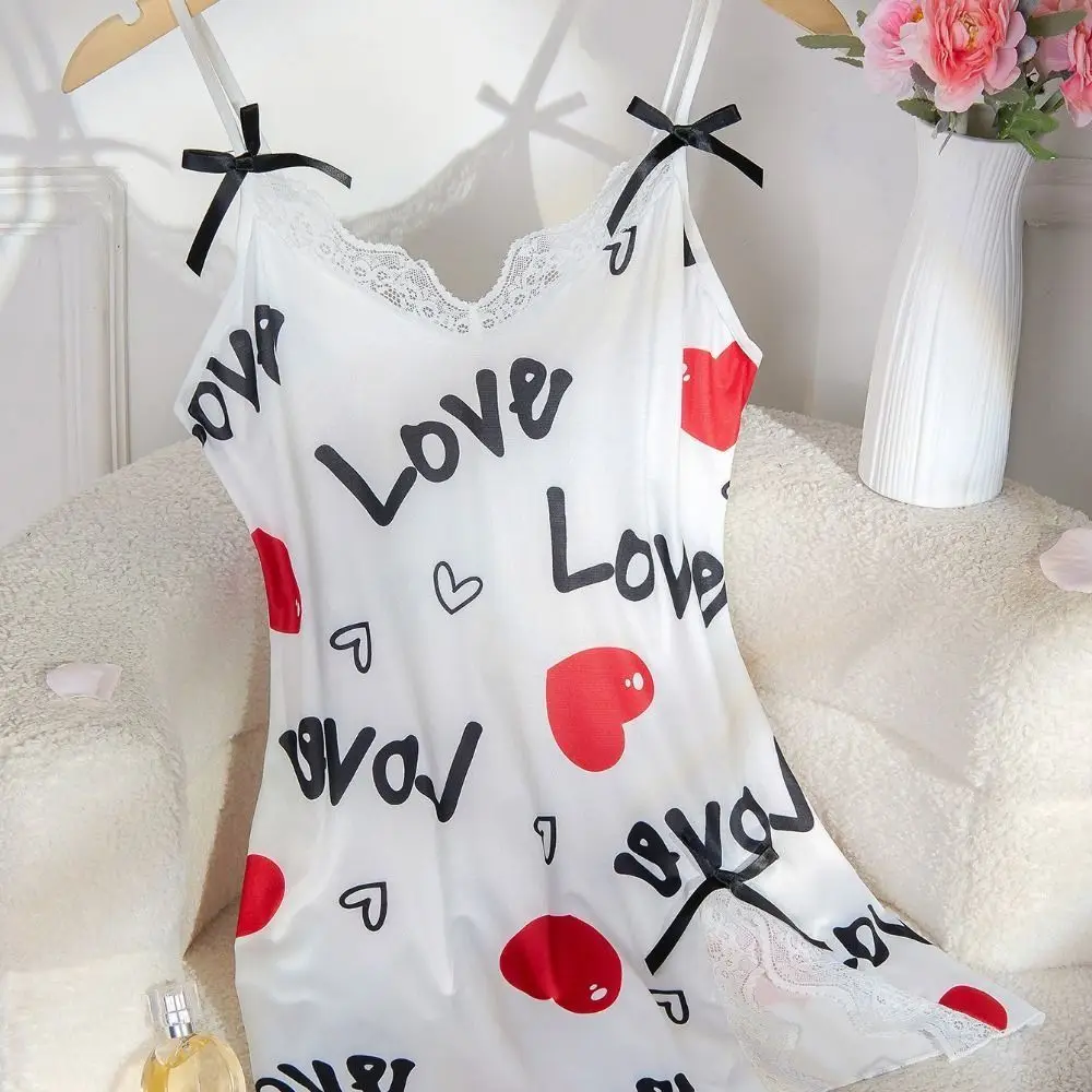 

Sling Nightdress Heart V Neck Nightdress Letter Deep V Heart Slip Nightdress Pyjamas Lace Trim Lace Trim Sleep Dress Women