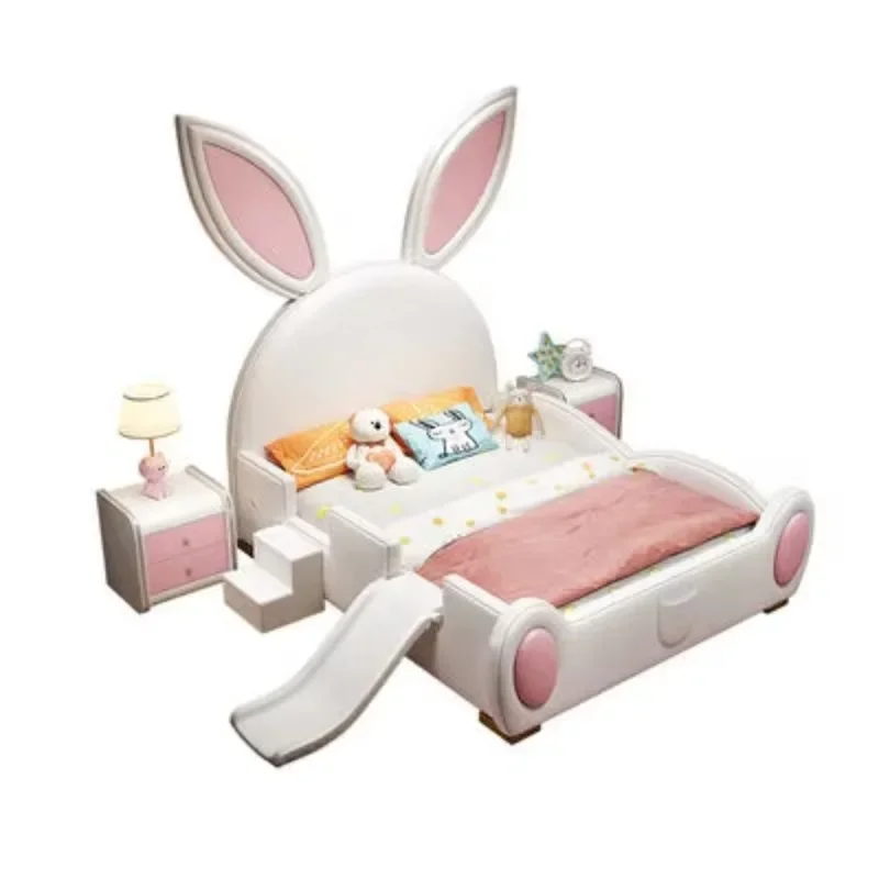 Children's bed girl cartoon rabbit rabbit ears girl solid wood princess bed with slide children's furniture