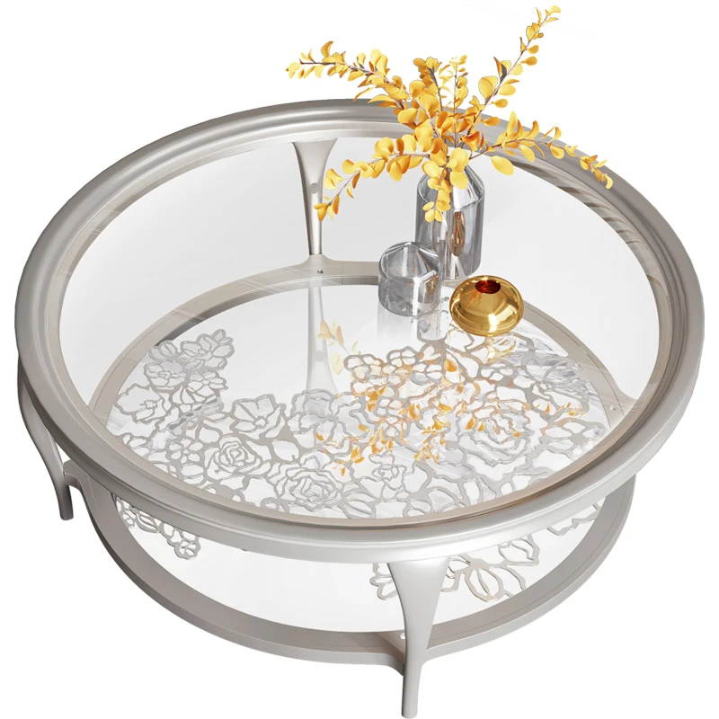 Light luxury solid wood coffee table round living room household small apartment glass tea table modern simple high-end low