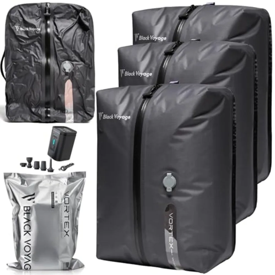 Travel bag for carry-on and backpack use, made of recycled IP67 waterproof material, black color, vacuum compression space-savi