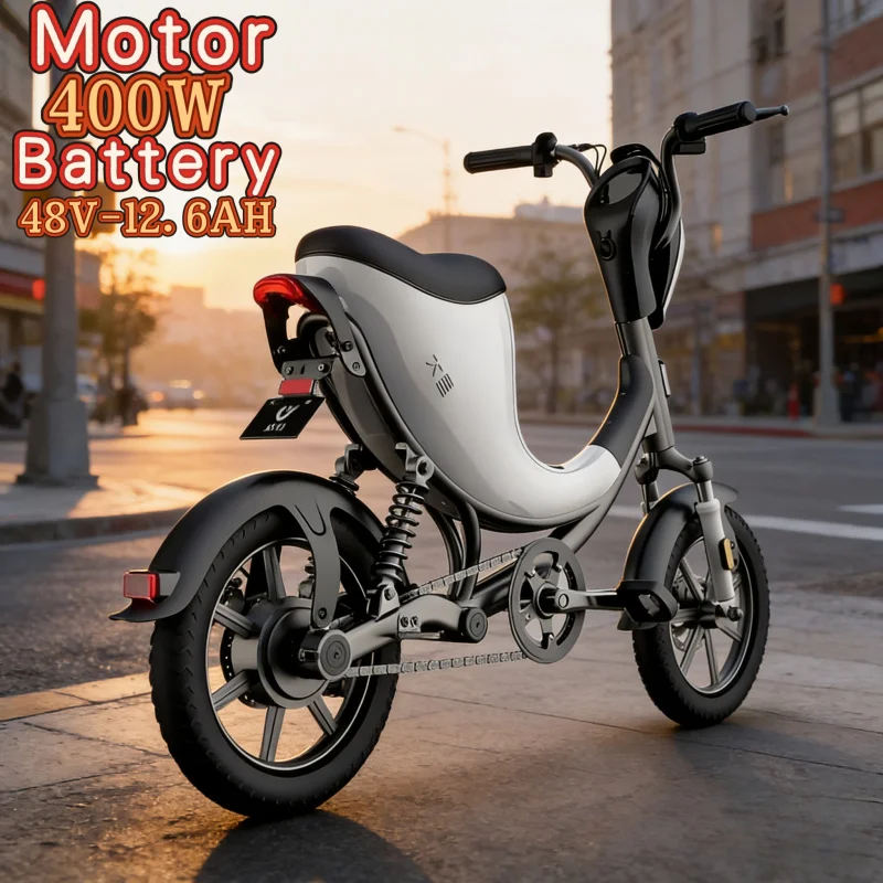 

14-inch wide tire E-Bike for urban commuting, 48V12.6AH suspension electric bicycle, 400W brushless motor electric bicycle
