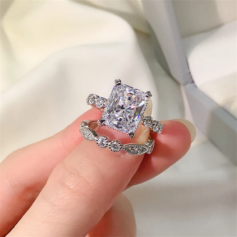 

Fashion Wedding Ring Set for Women Dazzling Square Zirconia Luxury Lady Accessories Set Trendy Delicate Bridal Jewelry