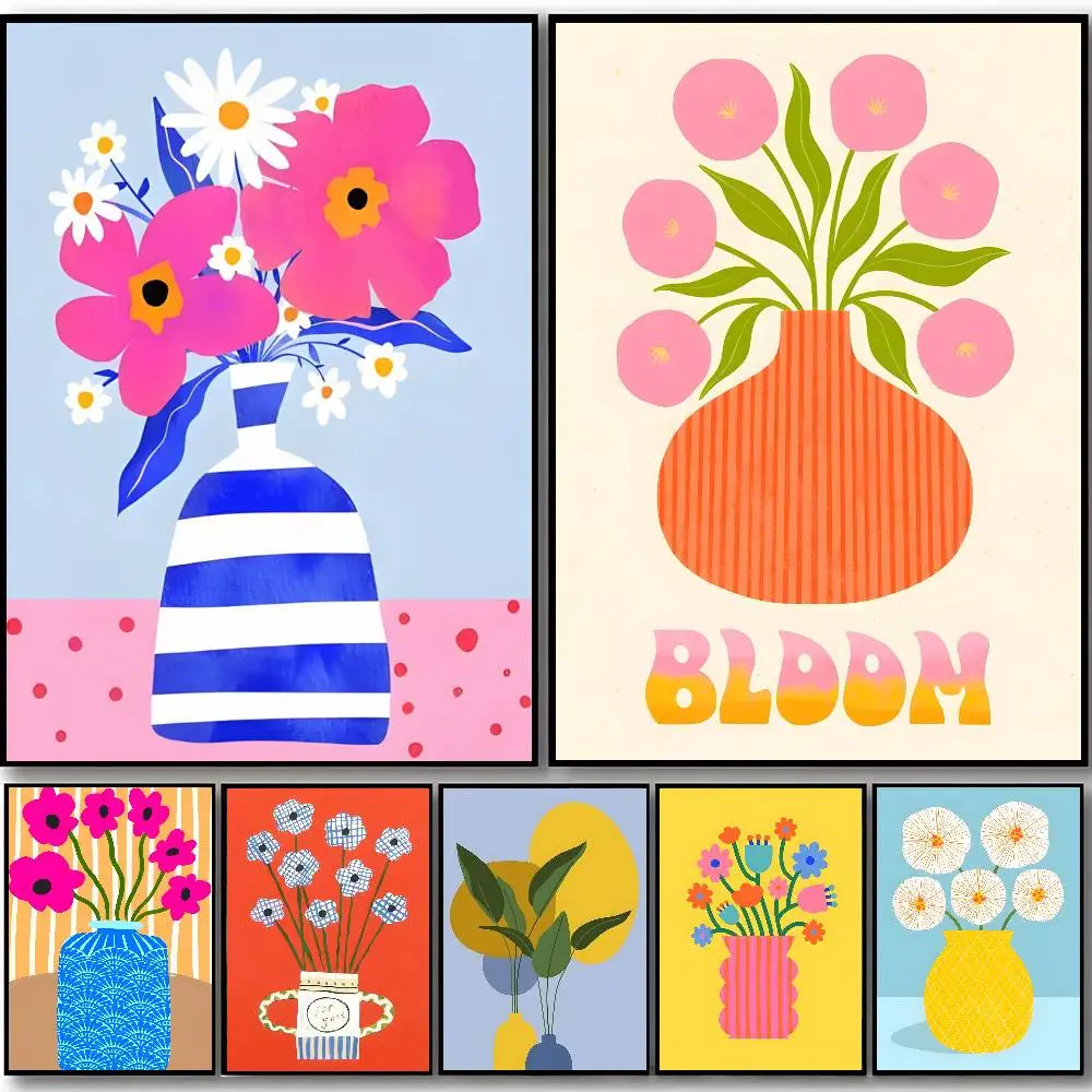 Rosa Blumenmarkt-Vase, Blumen- und Pflanzen-Leinwandposter, abstrakte Geometrie im Mid-Century-Stil für modernes Wohnzimmer, Kinderzimmer, Heimdekoration, Geschenke