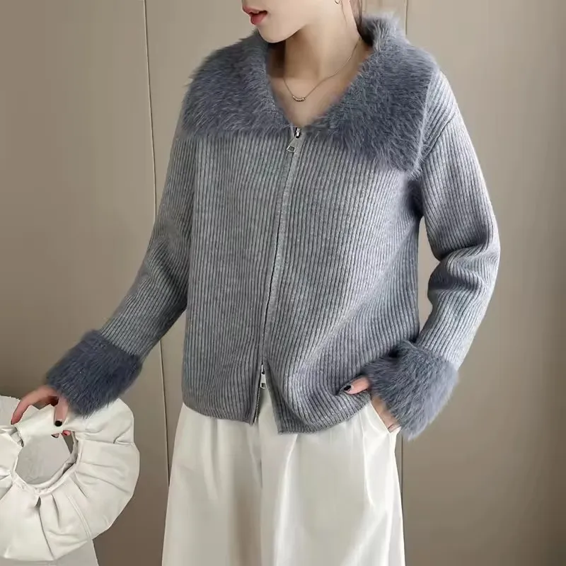 

Patchwork Faux Mink Fur Spliced Sweater Jacket Fall Winter New Zipper Lapel Knitted Cardigan Top Korean Sweet Cropped Knitwear