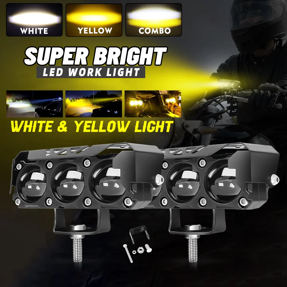 Foco auxiliar LED para motocicleta, faro antiniebla blanco y amarillo de 18000LM, 12V y 24V, para bicicletas, camiones, todoterreno, ATV, conducción de coches