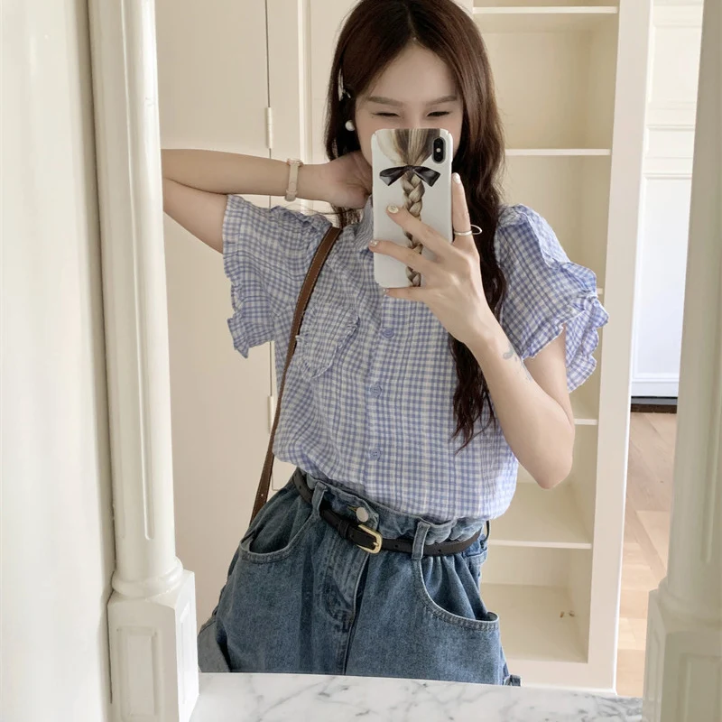 Korean Ruffles Short Sleeve Plaid Shirt Women Preppy Style Sweet Turn Down Collar Blouse Woman Summer Pocket Button Up Shirts 5