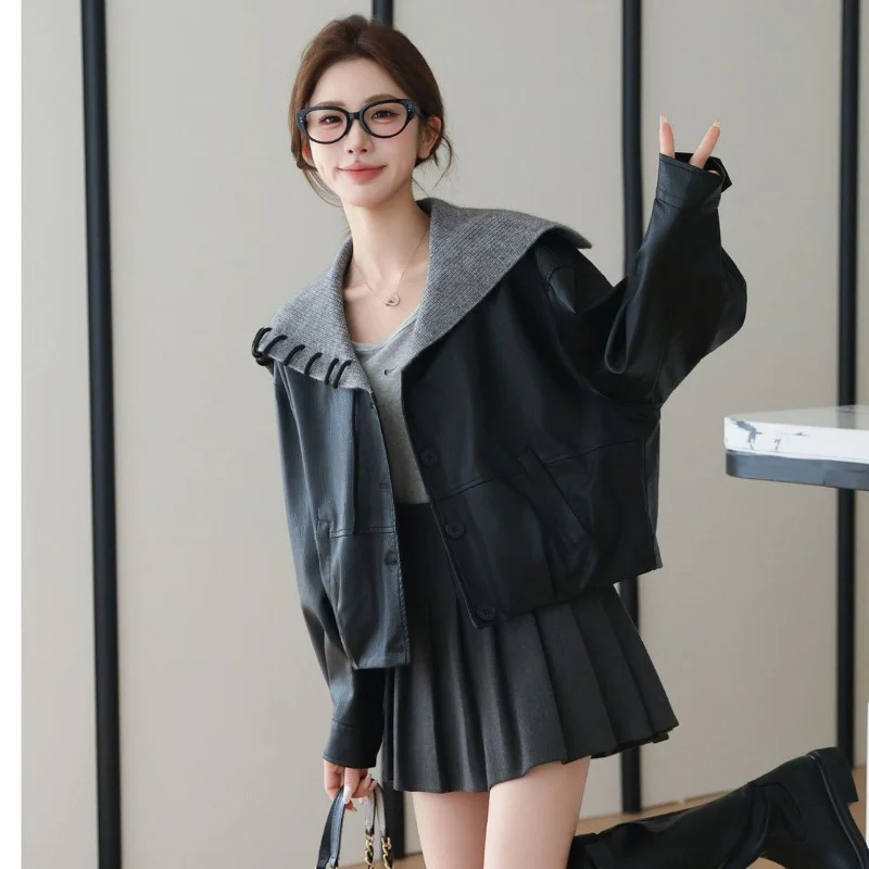 

Korean design navy collar leather jacket for women 2025 early autumn new loose slimming all-match petite tops