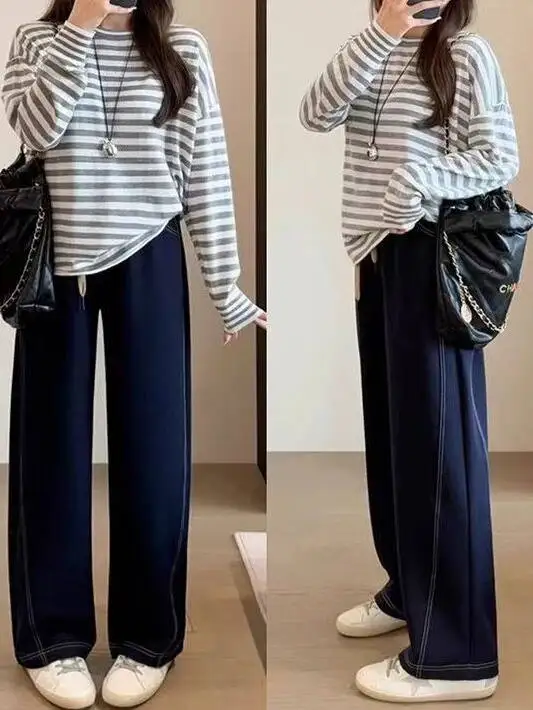 بنطلون جينز أزرق مستقيم الساق للنساء، مقاس كبير جديد، تصميم نحيف على شكل كمثرى، سروال واسع الساق بخصر عالٍ وطويل