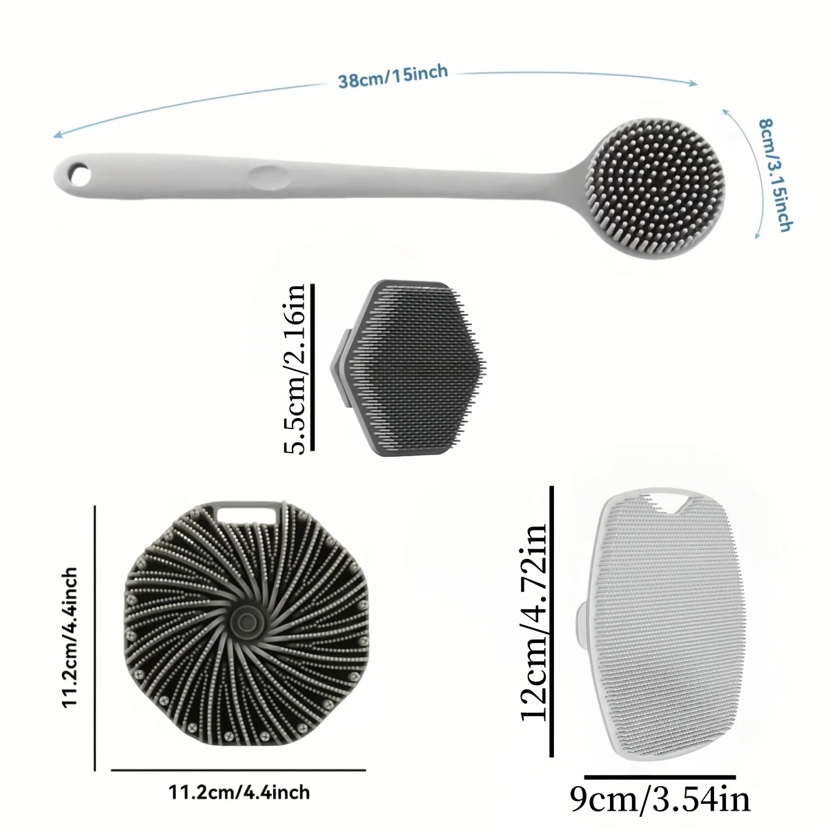 Set spazzole da bagno in silicone grigio da 4 pezzi