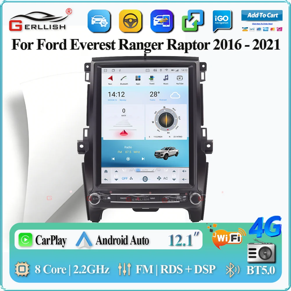 

Автомагнитола Android Tesla с GPS-навигацией и мультимедийным видеоплеером для Ford Everest Ranger Raptor 2016-2021, стерео, DVD, FM