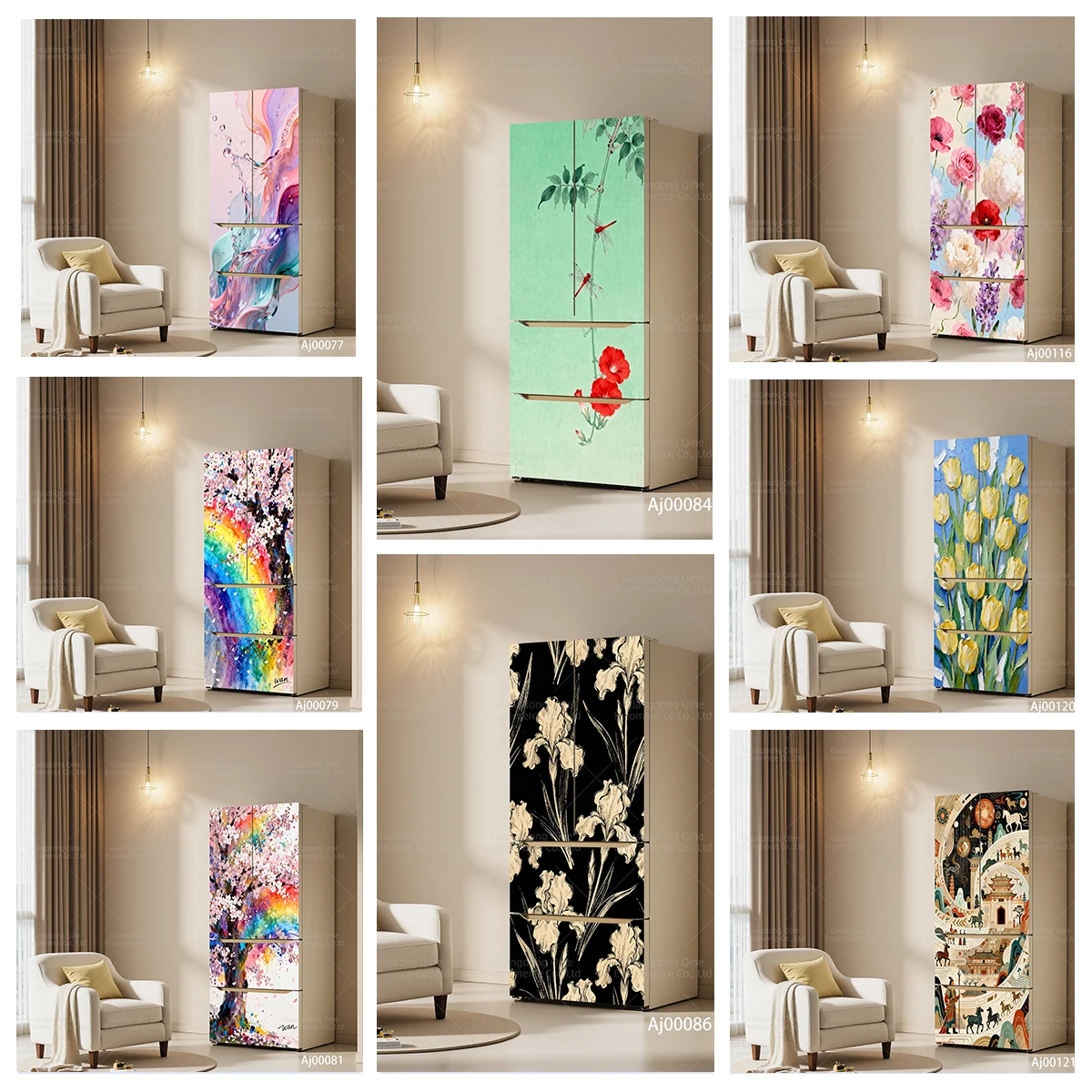 

Self-Adhesive PVC Fridge Decals with Featured Architecture & Bright Flowers, Durable Home Decor Accessory