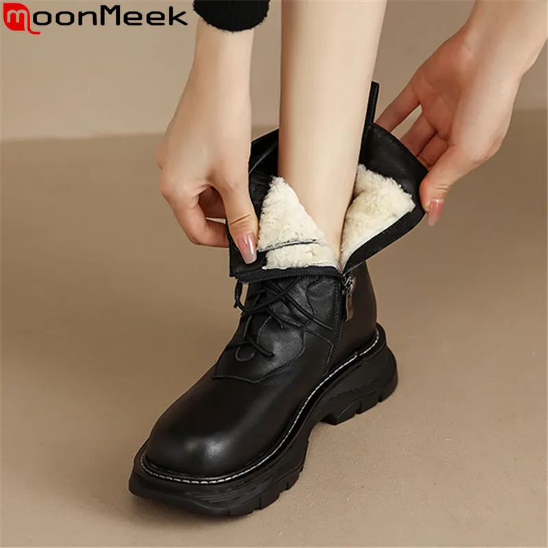 

MoonMeek 2023 New Genuine Leather Narrow Band Ankle Boots Wool Warm Snow Boots Platform Flat With Women Boots