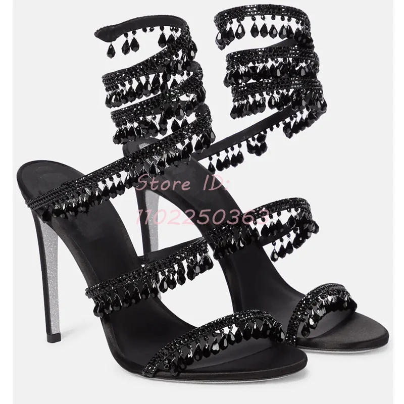 Snake-shaped Crystal Tassel Stiletto Sandals Open-toed Winding Pendant Thin High Heeled Roman Sandals Women Sexy Shoes 2024