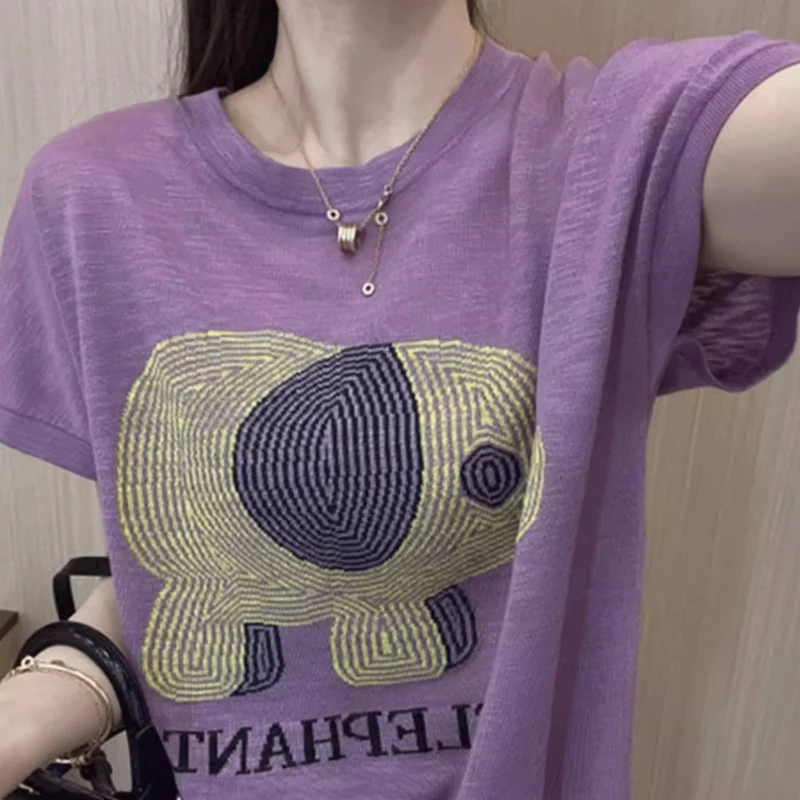 

Новая летняя женская футболка из шерстяного трикотажа, однотонный пуловер с коротким рукавом, повседневный модный топ с круглым вырезом и вышивкой