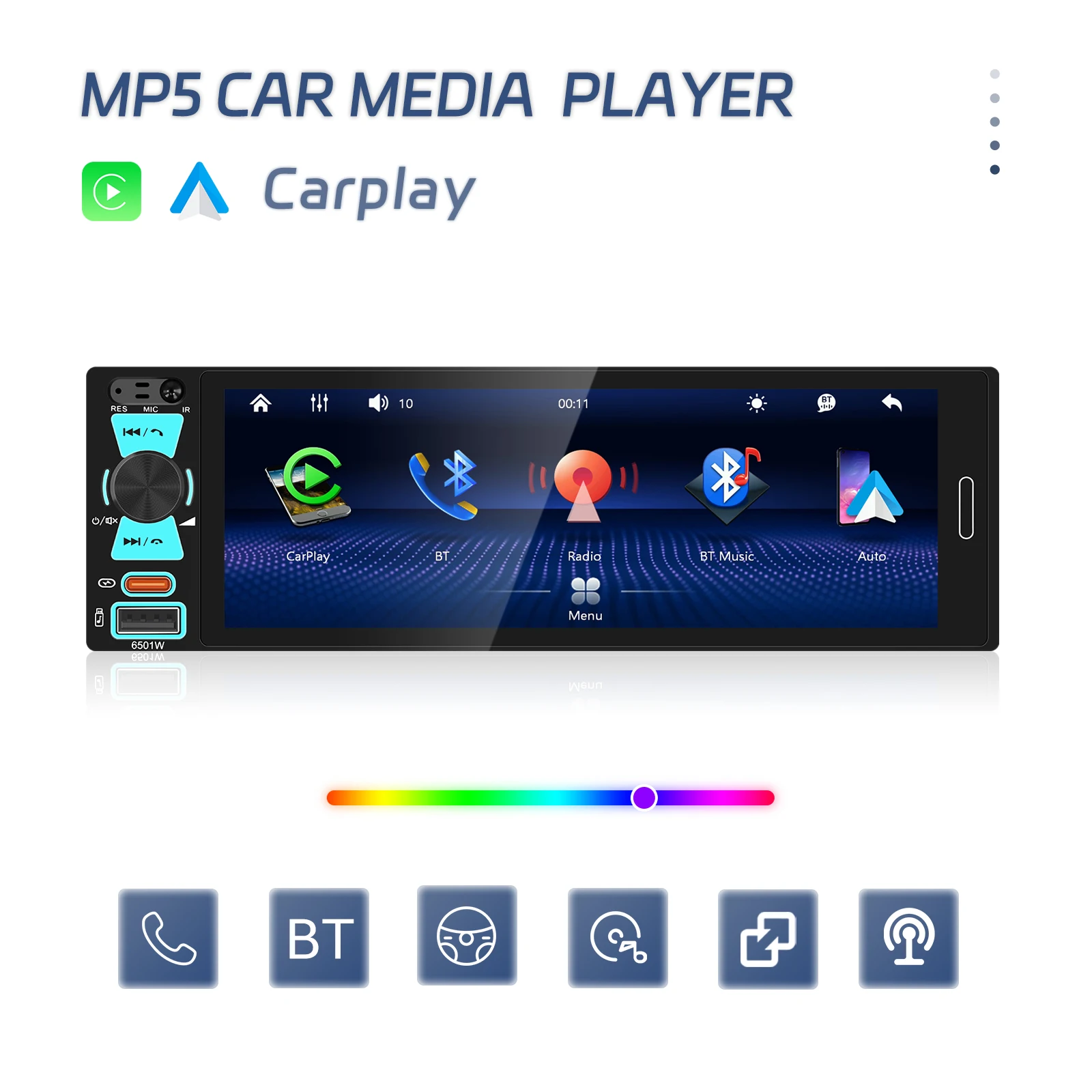 Podofo 1 Din HD Auto MP5 Speler Draadloze Carplay Android Auto 6.5 Inch Multimedia Speler MirrorLink Auto Intelligent Systeem BT FM