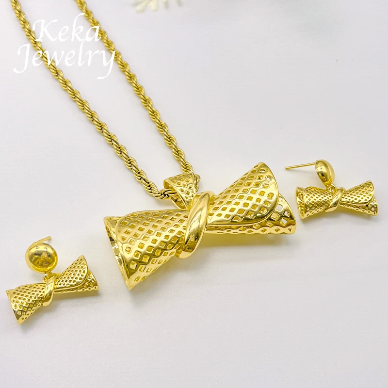 24k Dubai Bow Design Klassiker Schmuck Set Gold Farbe äthiopische Halskette Ohrring Set für Frauen Hochzeits feier Geschenk