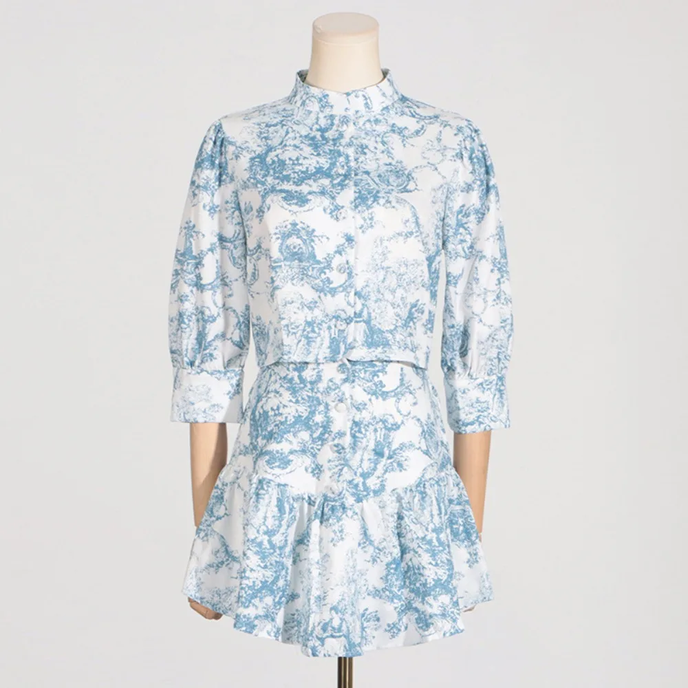

Fashionable Casual Printed Skirt Sweet Suit Office Commuter Women Stand-up Collar Shirt and A-line Dress Printed Blue Skirt Suit
