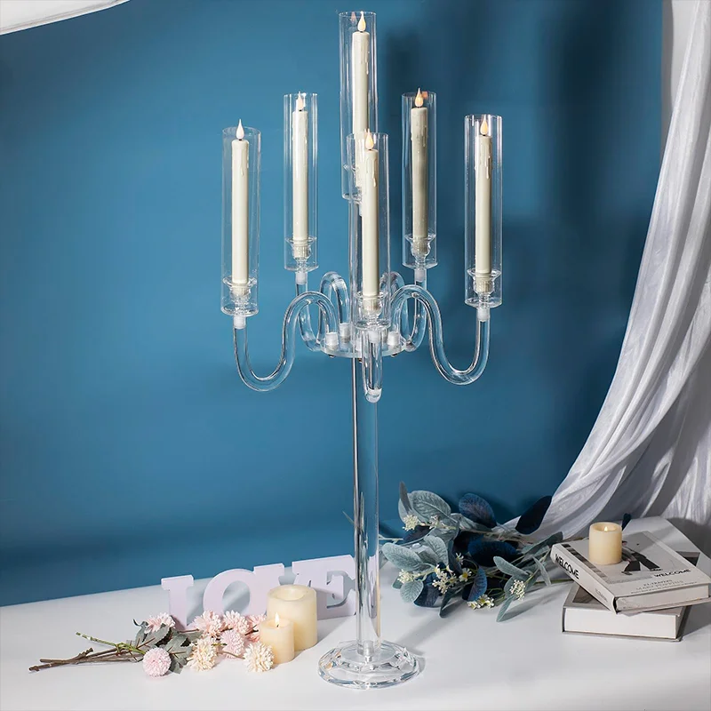 Acrylic candle holder centerpiece, 37.4-inch high 6-arm conical LED candle holder for acrylic candles, wedding centerpiece decor