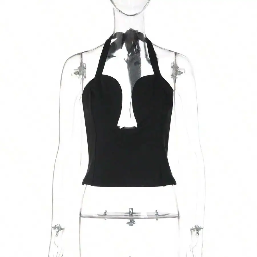 

Womens Black Hollow-Out Halter Neck Underwire Crop Top Solid Color
