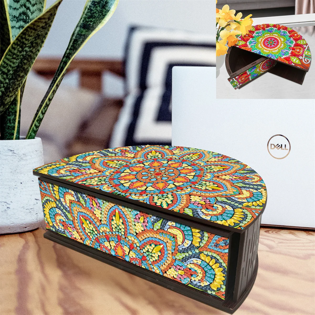 

Diamond Painted Cosmetics Mandala Flower Storage Box, Diy Mosaic Cross Stitch Sewing Tool Kit, Convenient Jewelry Box Gift Box
