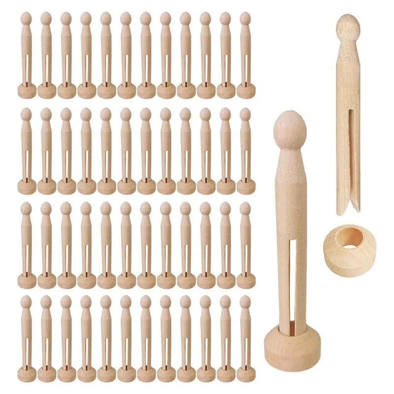

AT84-50 Sets Unfinished Wood Pins Clothespins Wooden Round Peg Wood Clothespins And Stands Craft Supplies