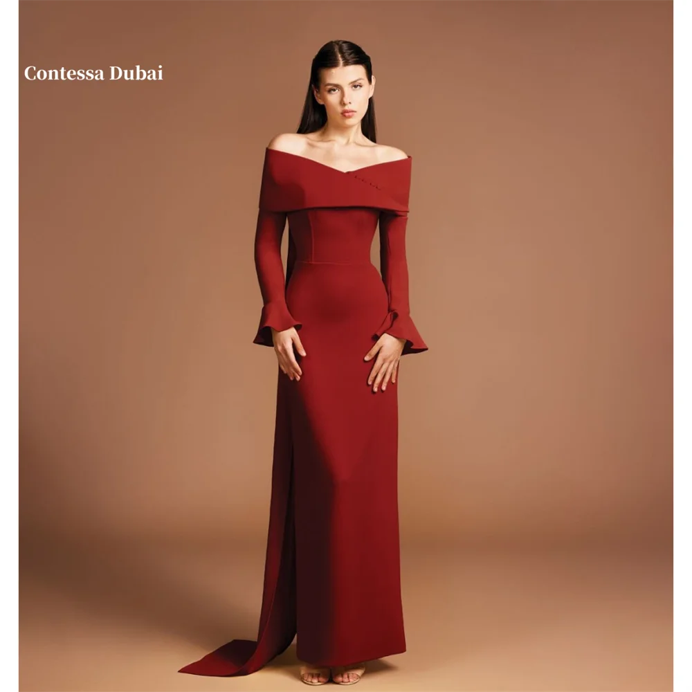 

Contessa Dubai Elegant Red Bell Sleeve Mermaid Prom Dresses Off the Shoulder Lace-UpBackفساتين سهراتAnkle-Length robes de soirée